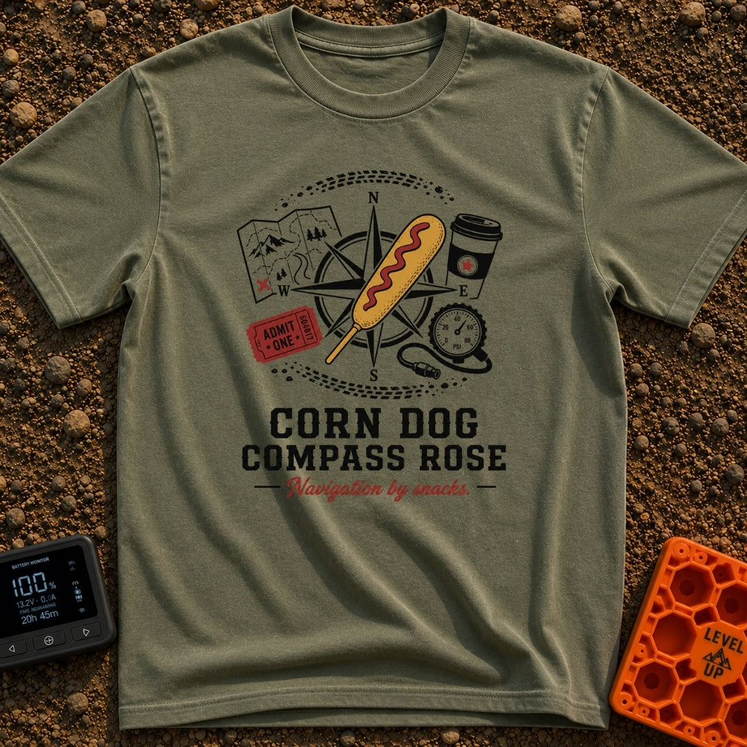 Snacks Guide Me - T-Shirt in Moss - An illustration of a compass rose overlaid with a large corn dog, surrounded by a...