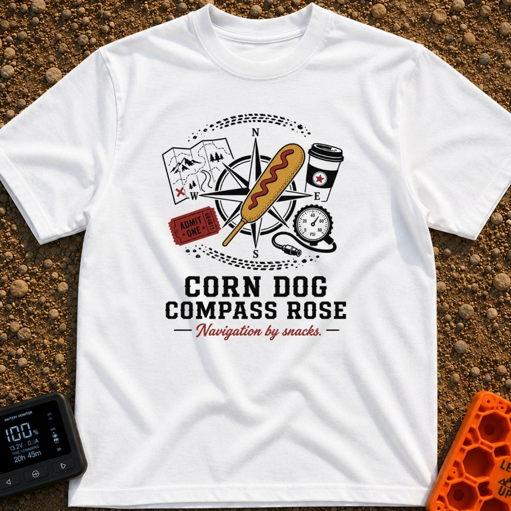 Snacks Guide Me - T-Shirt in White - An illustration of a compass rose overlaid with a large corn dog, surrounded by a...