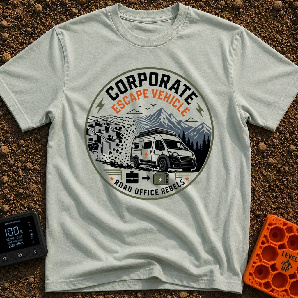 Corporate Flight Risk - T-Shirt in Bay - A circular badge illustration showing a gray cubicle office dissolving into...