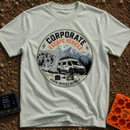 Corporate Flight Risk - T-Shirt in Bay - A circular badge illustration showing a gray cubicle office dissolving into...