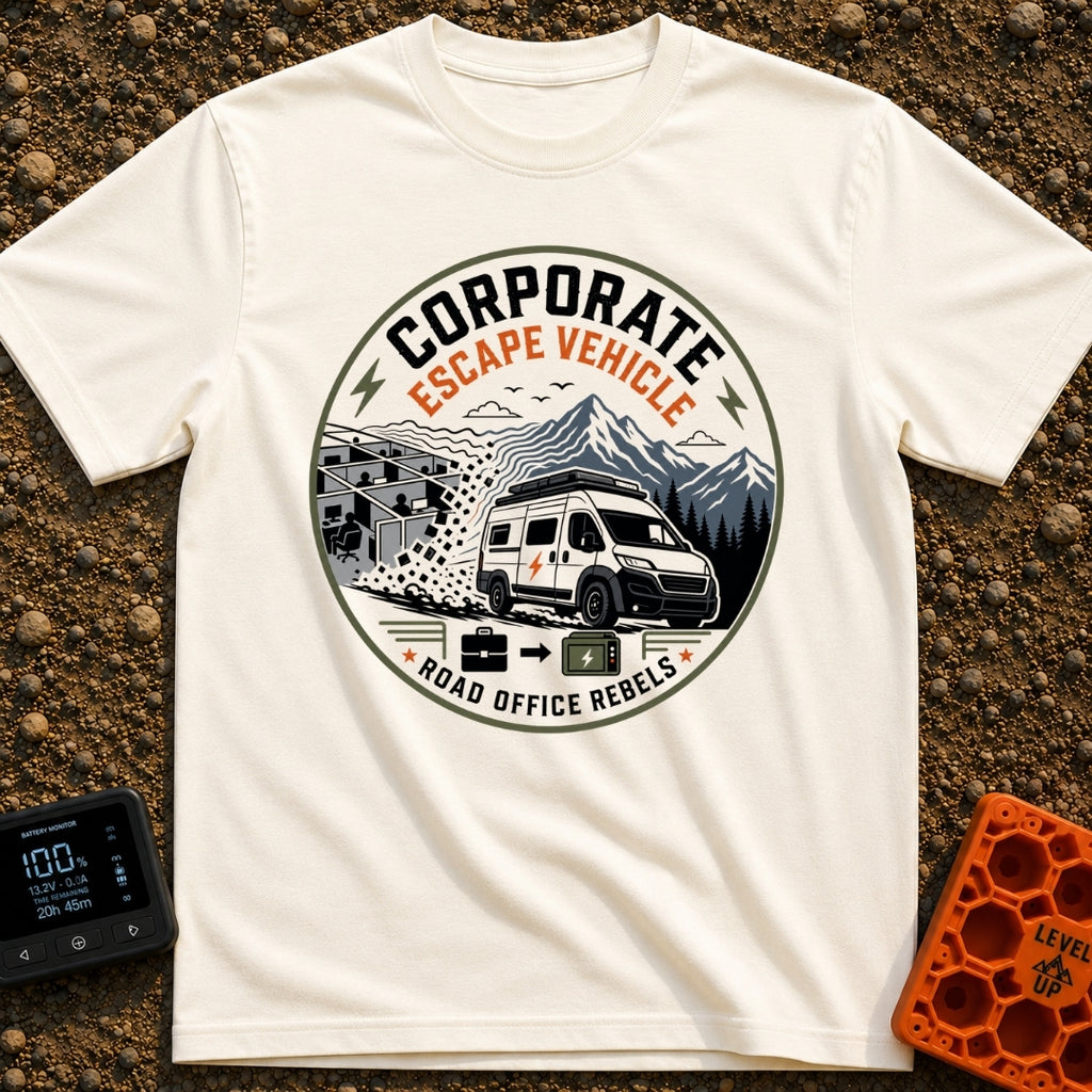 Corporate Flight Risk - T-Shirt in Ivory - A circular badge illustration showing a gray cubicle office dissolving into...