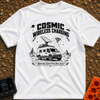 Charged By The Cosmos - T-Shirt in White - A black and white illustration of a rugged camper van parked on a rocky,...