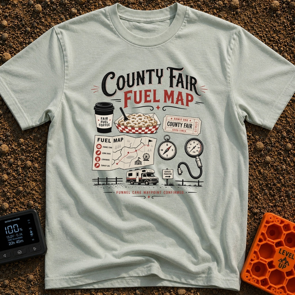 Deep Fried Fuel - T-Shirt in Bay - A typographic layout displaying 'County Fair Fuel Map' with illustrations of a coffee...