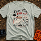 Deep Fried Fuel - T-Shirt in Bay - A typographic layout displaying 'County Fair Fuel Map' with illustrations of a coffee...