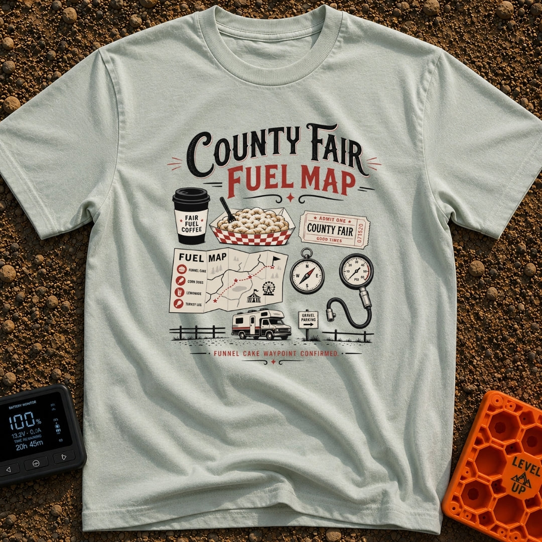 Deep Fried Fuel - T-Shirt in Bay - A typographic layout displaying 'County Fair Fuel Map' with illustrations of a coffee...