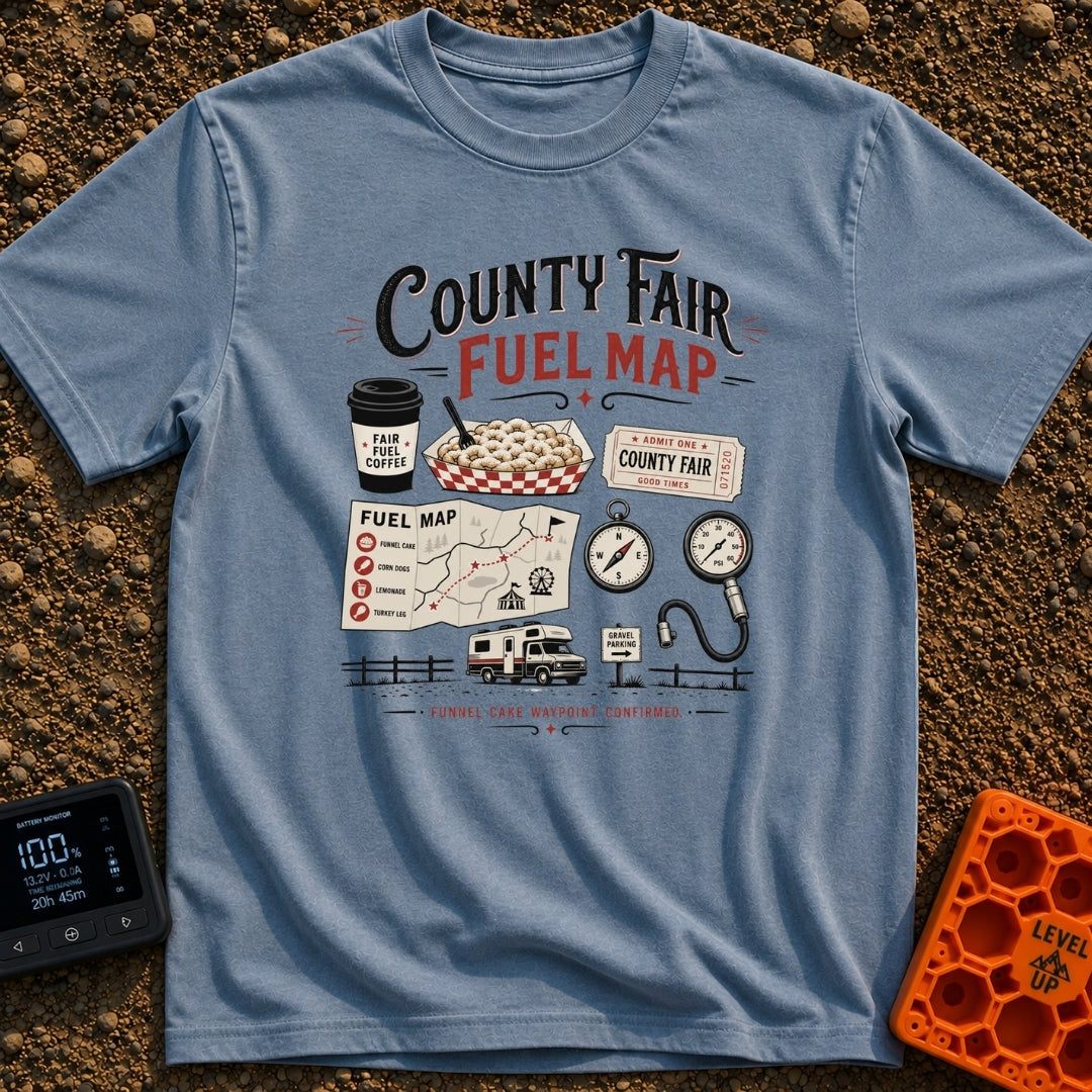 Deep Fried Fuel - T-Shirt in Blue Jean - A typographic layout displaying 'County Fair Fuel Map' with illustrations of a...