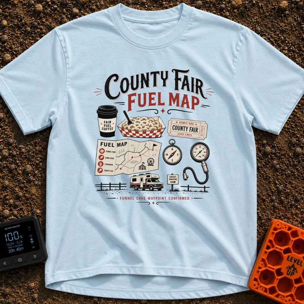 Deep Fried Fuel - T-Shirt in Chambray - A typographic layout displaying 'County Fair Fuel Map' with illustrations of a...