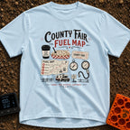 Deep Fried Fuel - T-Shirt in Chambray - A typographic layout displaying 'County Fair Fuel Map' with illustrations of a...