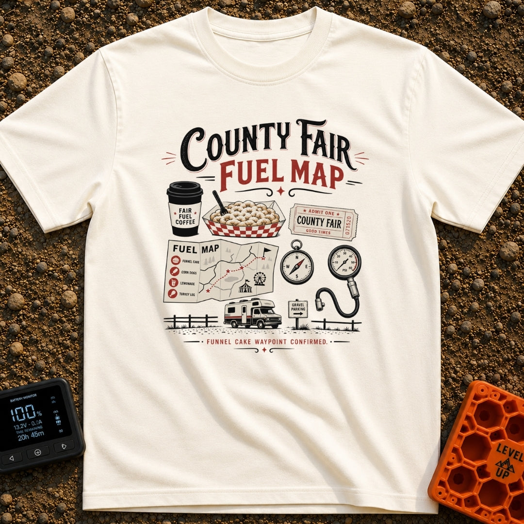 Deep Fried Fuel - T-Shirt in Ivory - A typographic layout displaying 'County Fair Fuel Map' with illustrations of a...