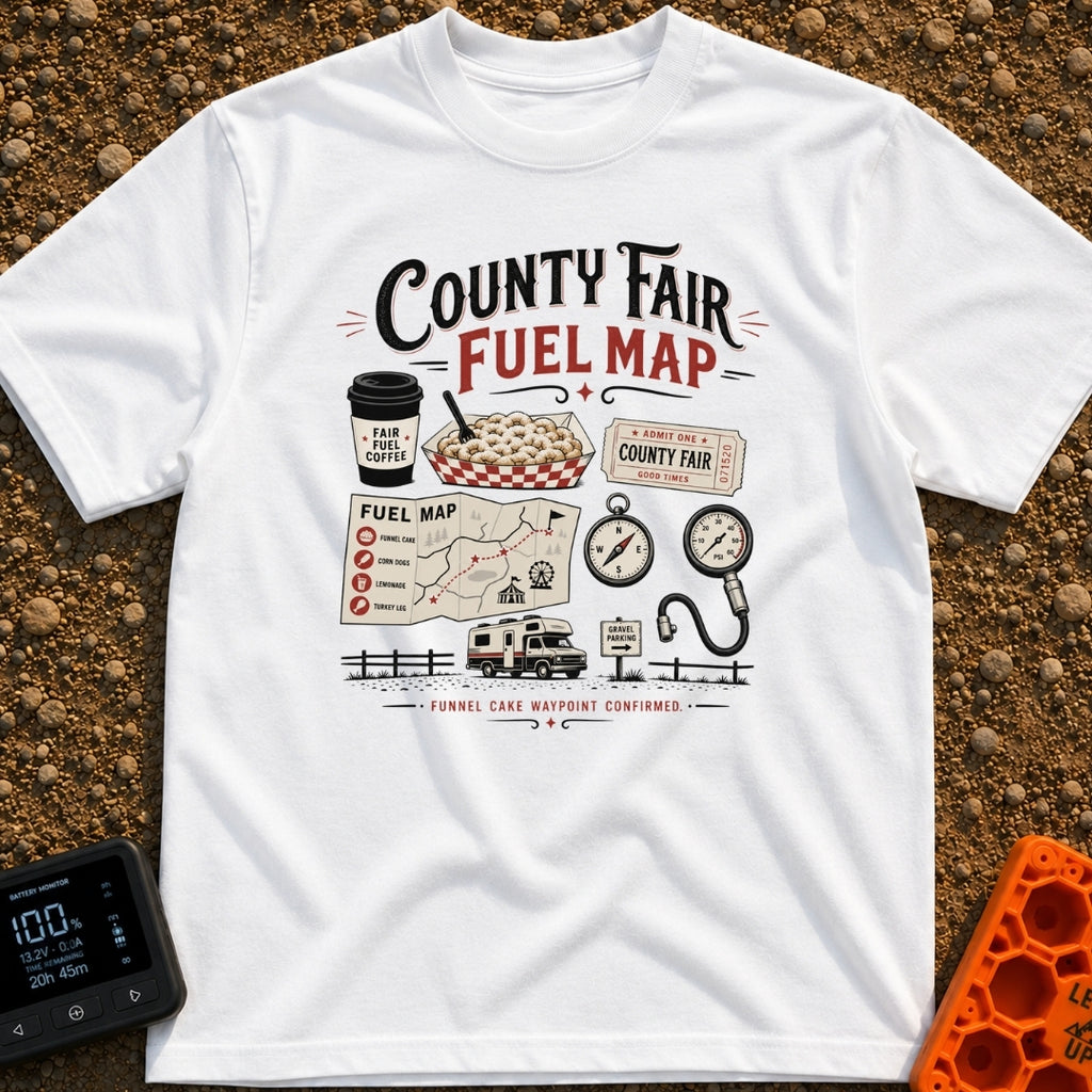 Deep Fried Fuel - T-Shirt in White - A typographic layout displaying 'County Fair Fuel Map' with illustrations of a...