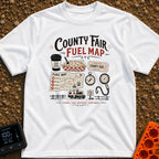 Deep Fried Fuel - T-Shirt in White - A typographic layout displaying 'County Fair Fuel Map' with illustrations of a...