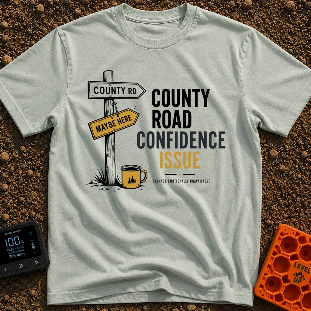 County Road Confidence - T-Shirt in Bay - A wooden signpost stands in grass featuring two directional signs reading...