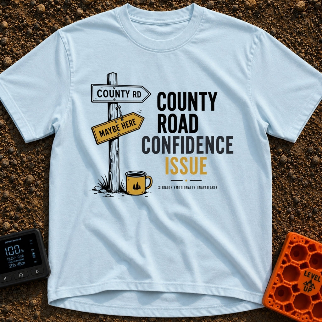 County Road Confidence - T-Shirt in Chambray - A wooden signpost stands in grass featuring two directional signs reading...
