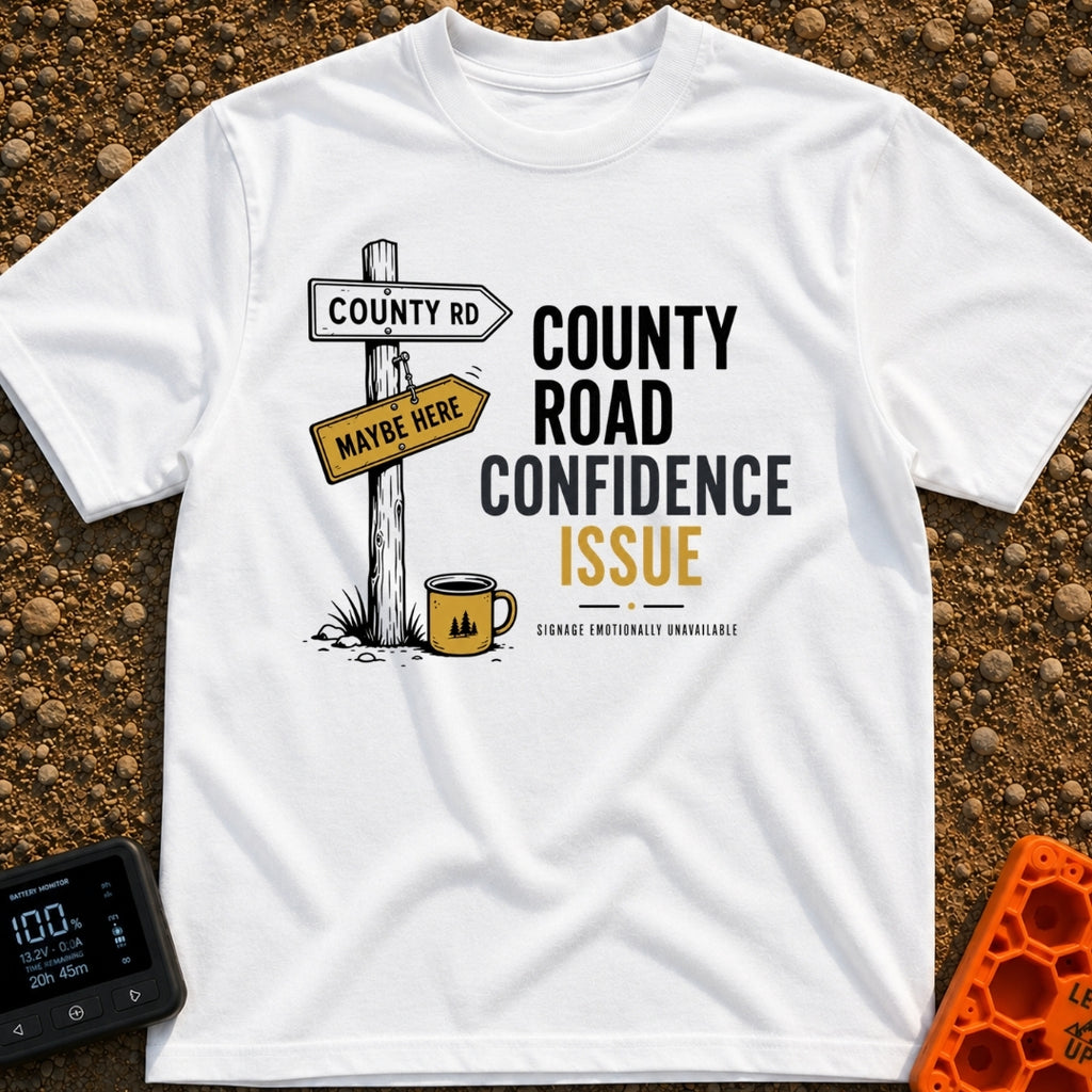 County Road Confidence - T-Shirt in White - A wooden signpost stands in grass featuring two directional signs reading...