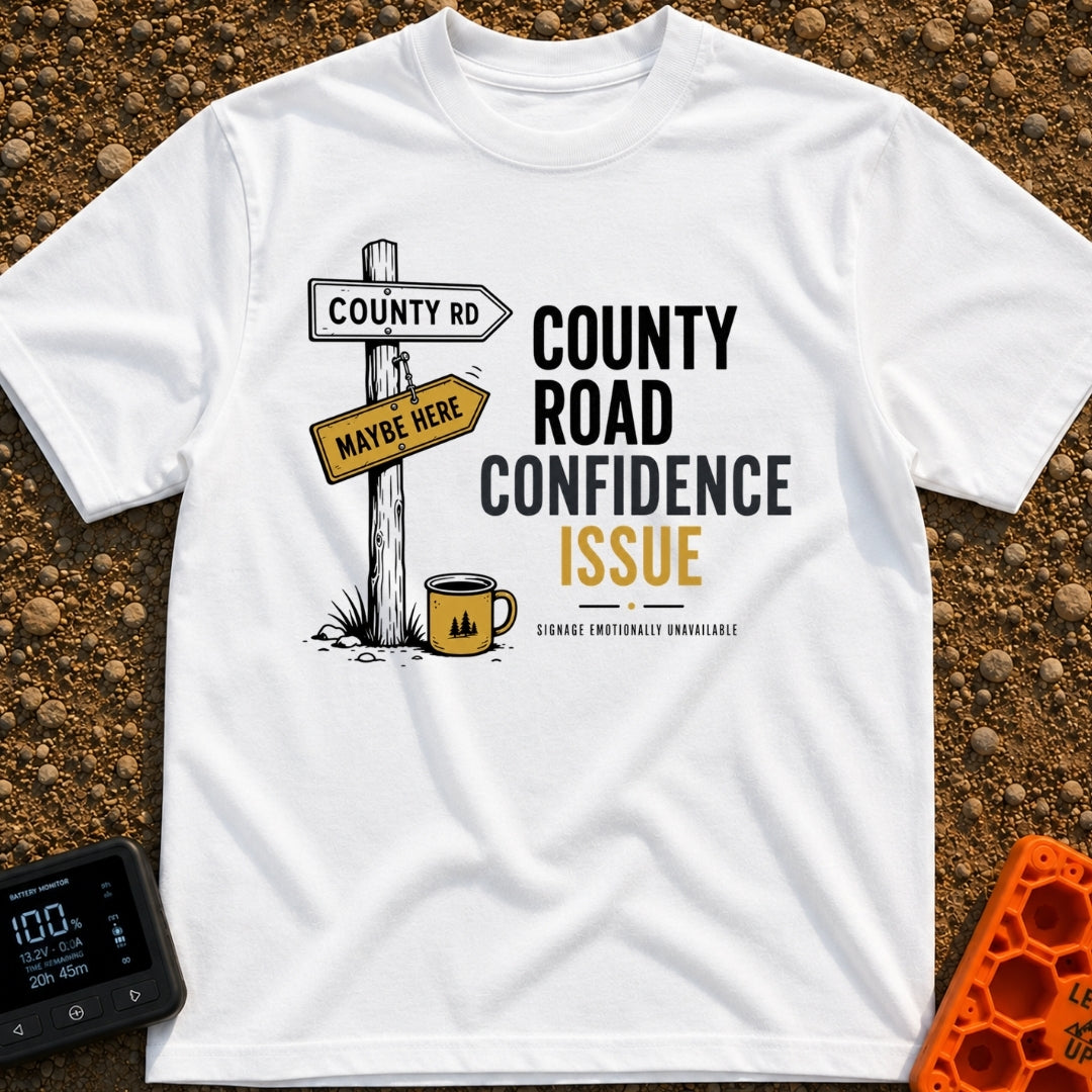 County Road Confidence - T-Shirt in White - A wooden signpost stands in grass featuring two directional signs reading...