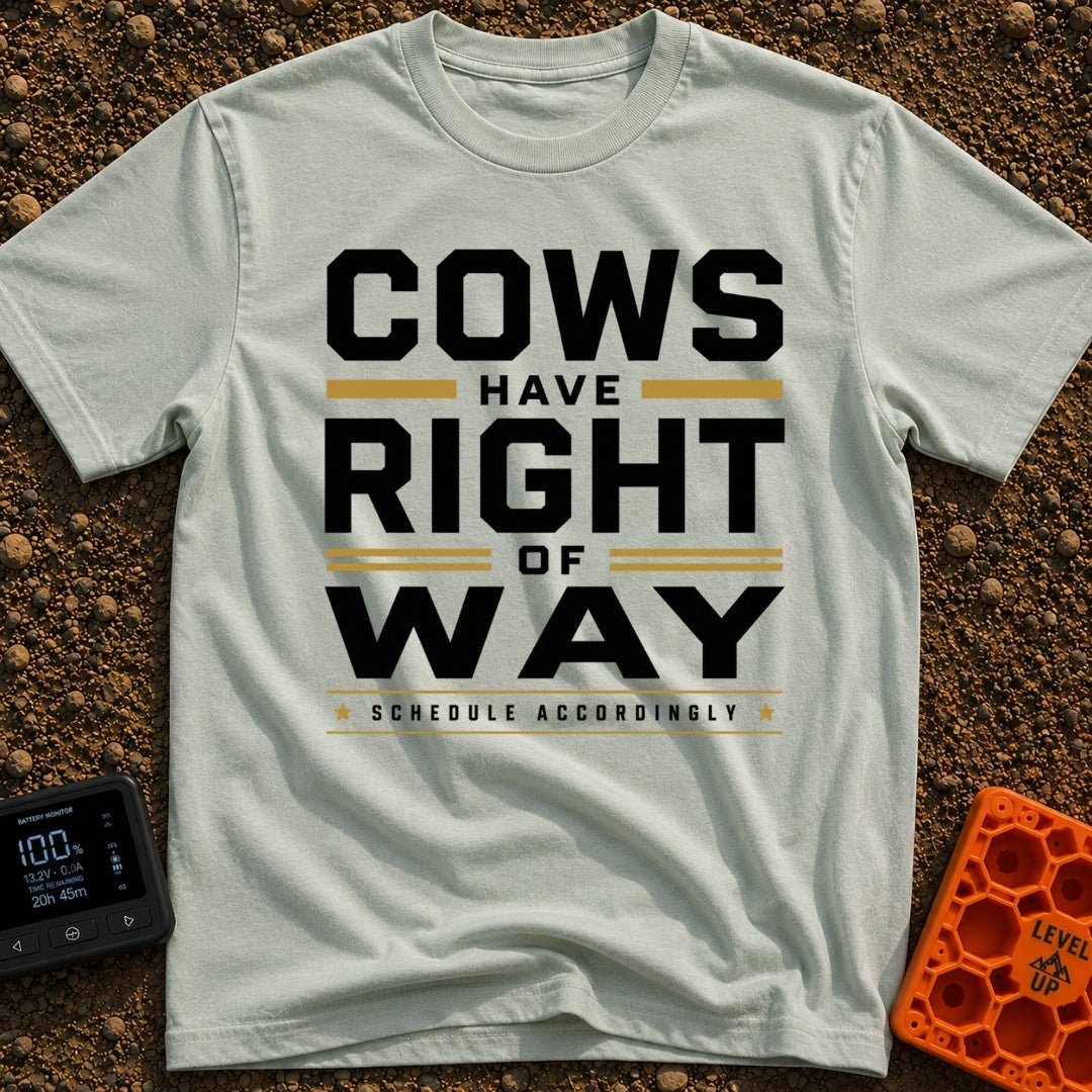 Cows Right Of Way - T-Shirt in Bay - A typographic design featuring the text "COWS HAVE RIGHT OF WAY" in large bold black...
