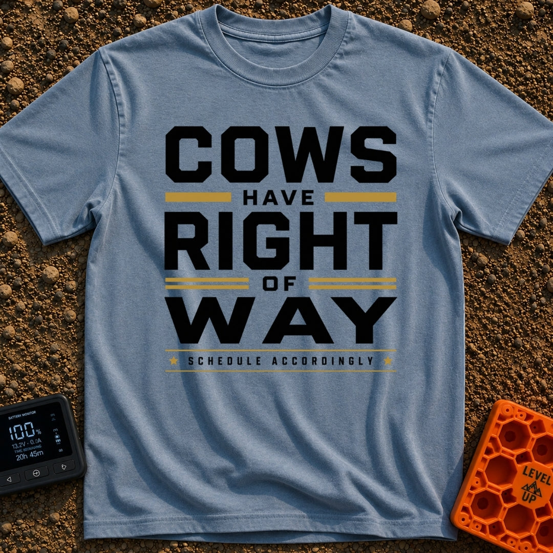 Cows Right Of Way - T-Shirt in Blue Jean - A typographic design featuring the text "COWS HAVE RIGHT OF WAY" in large bold...