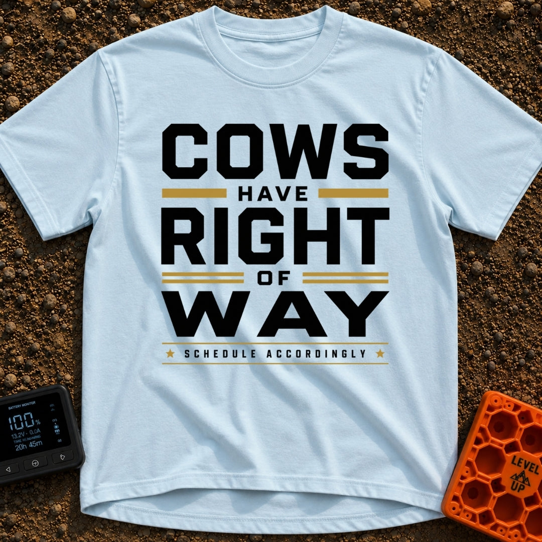 Cows Right Of Way - T-Shirt in Chambray - A typographic design featuring the text "COWS HAVE RIGHT OF WAY" in large bold...
