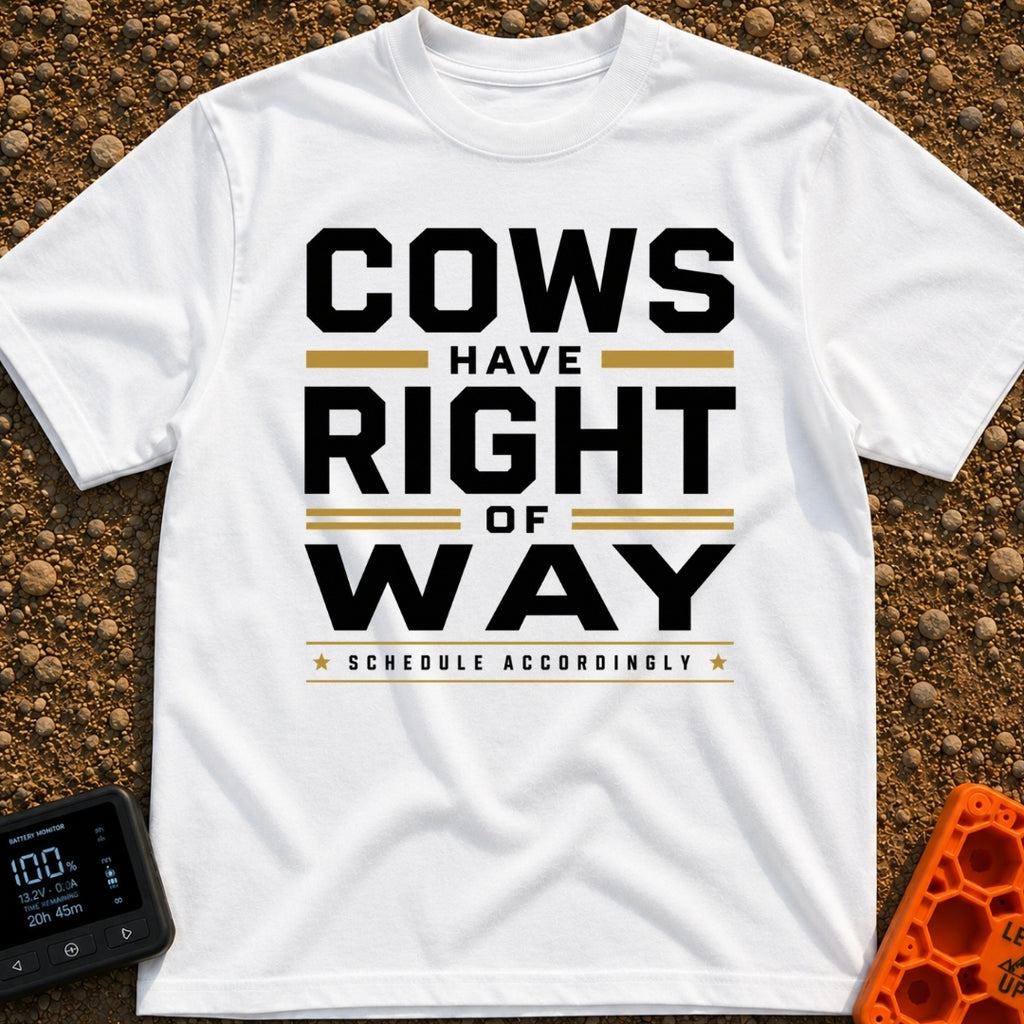 Cows Right Of Way - T-Shirt in White - A typographic design featuring the text "COWS HAVE RIGHT OF WAY" in large bold...
