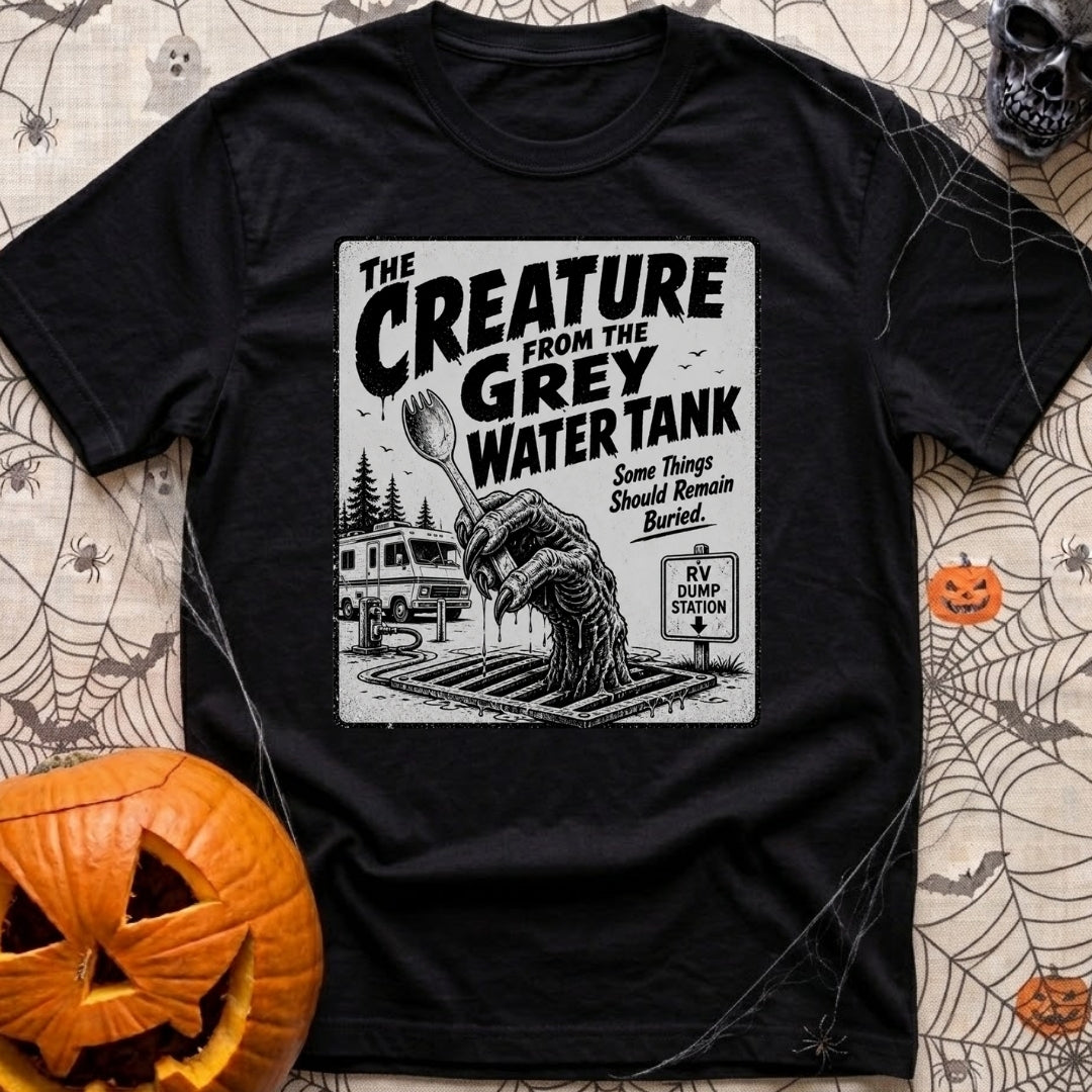 The Grey Water Creature - T-Shirt in Black - A black-and-white illustration of a scaly, dripping monster hand reaching...