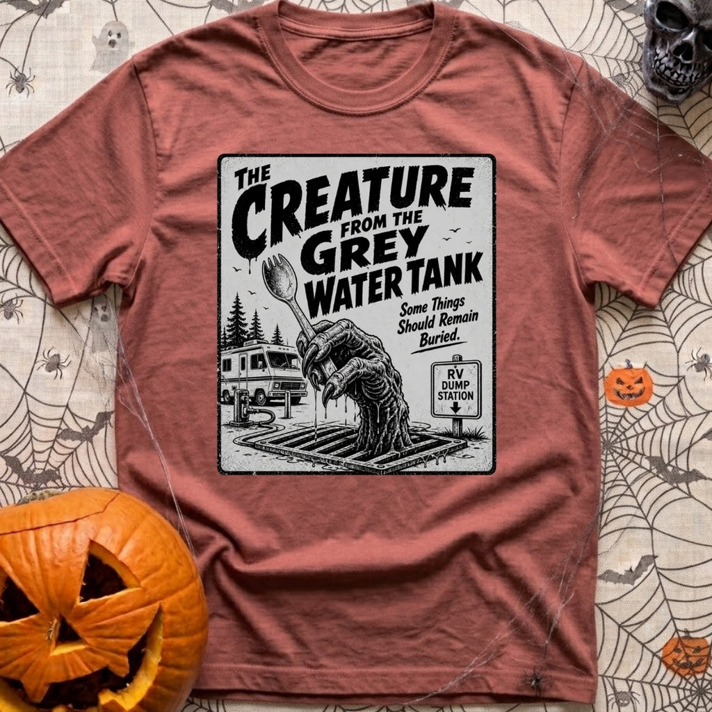 The Grey Water Creature - T-Shirt in Brick - A black-and-white illustration of a scaly, dripping monster hand reaching...