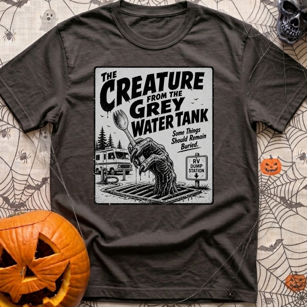 The Grey Water Creature - T-Shirt in Graphite - A black-and-white illustration of a scaly, dripping monster hand reaching...