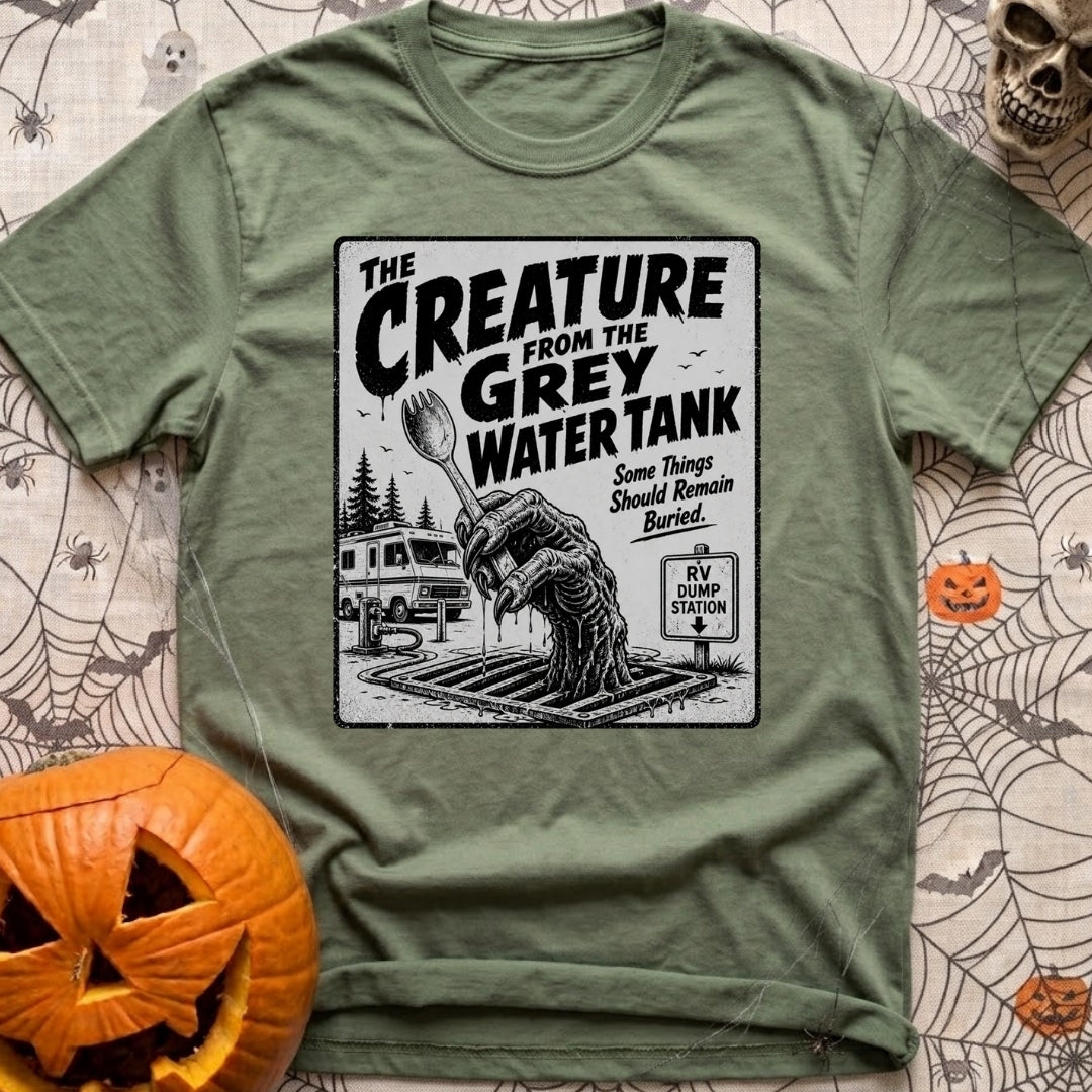 The Grey Water Creature - T-Shirt in Moss - A black-and-white illustration of a scaly, dripping monster hand reaching out...
