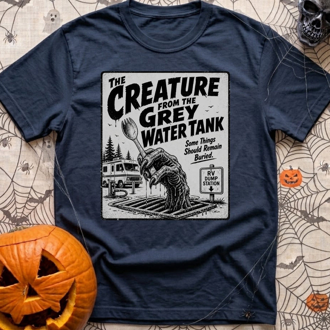 The Grey Water Creature - T-Shirt in Navy - A black-and-white illustration of a scaly, dripping monster hand reaching out...