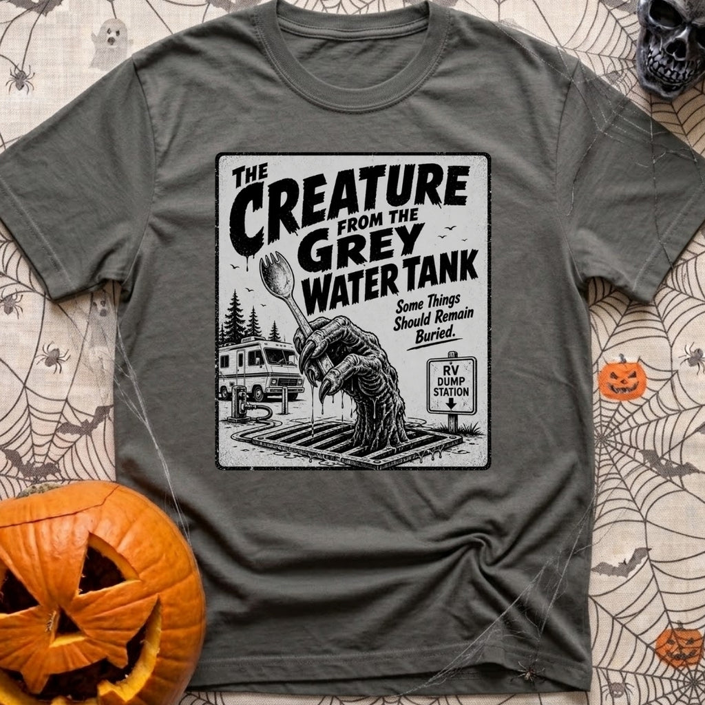 The Grey Water Creature - T-Shirt in Pepper - A black-and-white illustration of a scaly, dripping monster hand reaching...