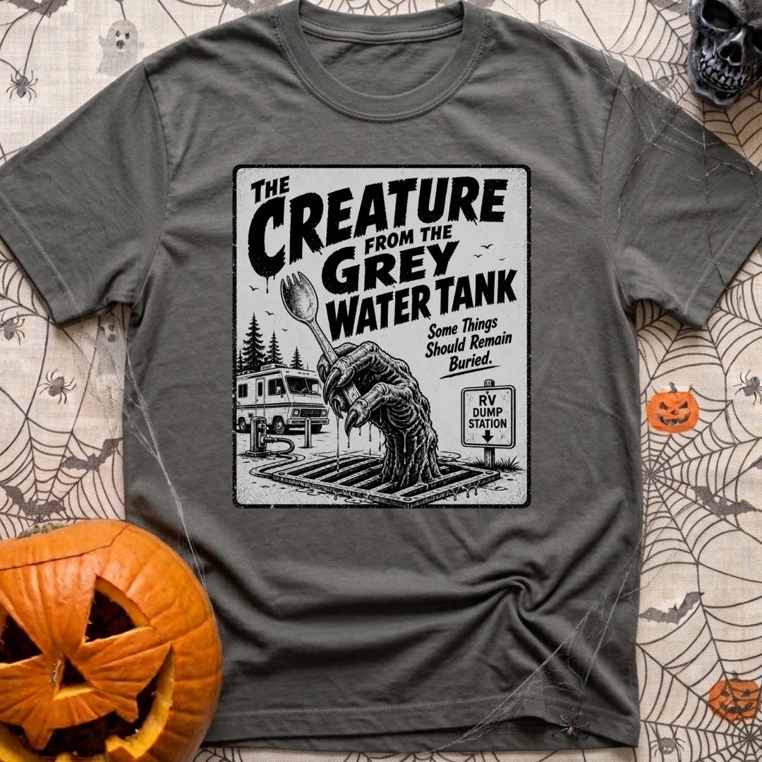 The Grey Water Creature - T-Shirt in Pepper - A black-and-white illustration of a scaly, dripping monster hand reaching...