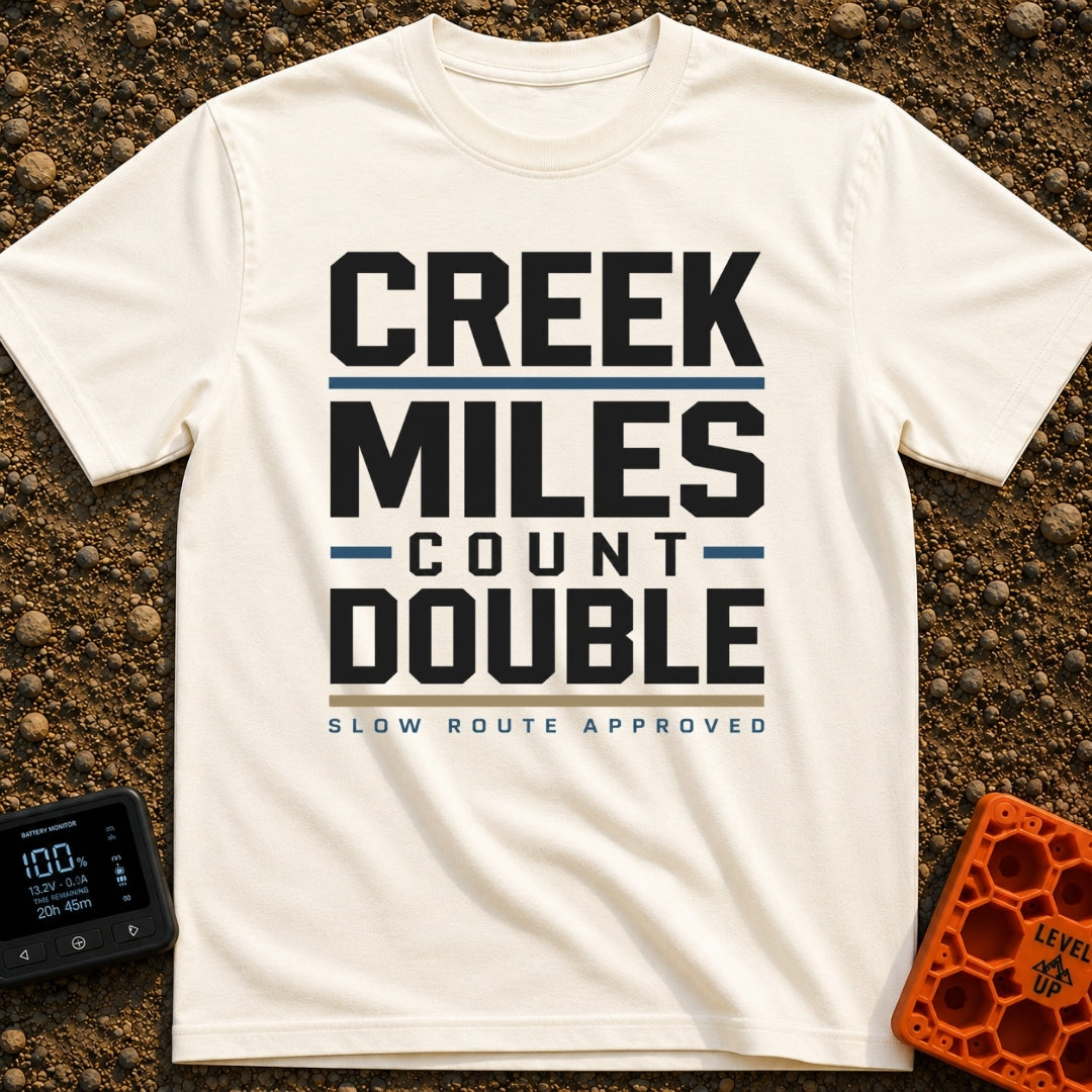Creek Miles Count Double - T-Shirt in Ivory - A text-based design featuring the words 'CREEK MILES' and 'DOUBLE' in large...