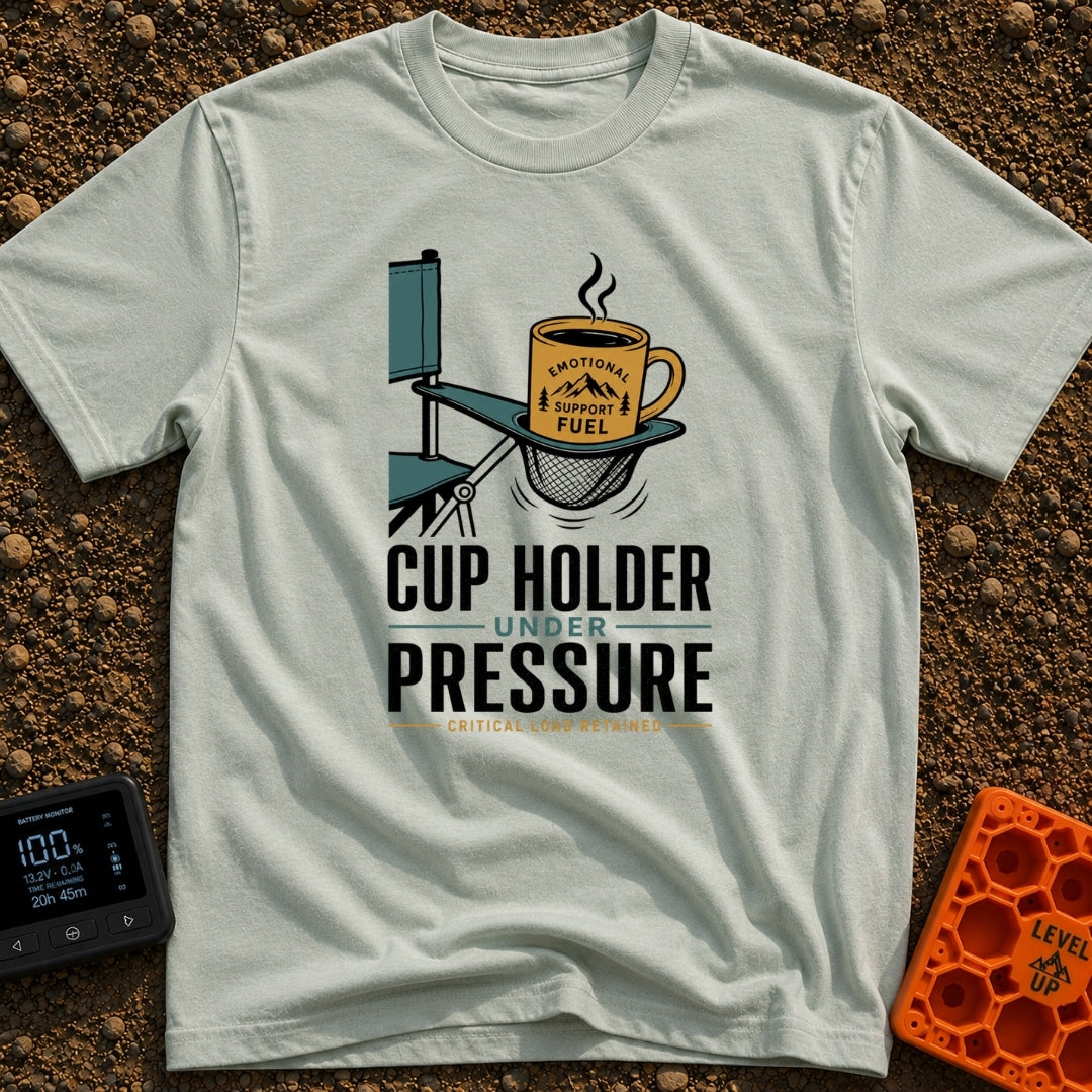 Cup Under Pressure - T-Shirt in Bay - An illustration of a folding camp chair armrest with its mesh cup holder bulging...