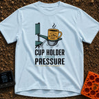 Cup Under Pressure - T-Shirt in Chambray - An illustration of a folding camp chair armrest with its mesh cup holder...