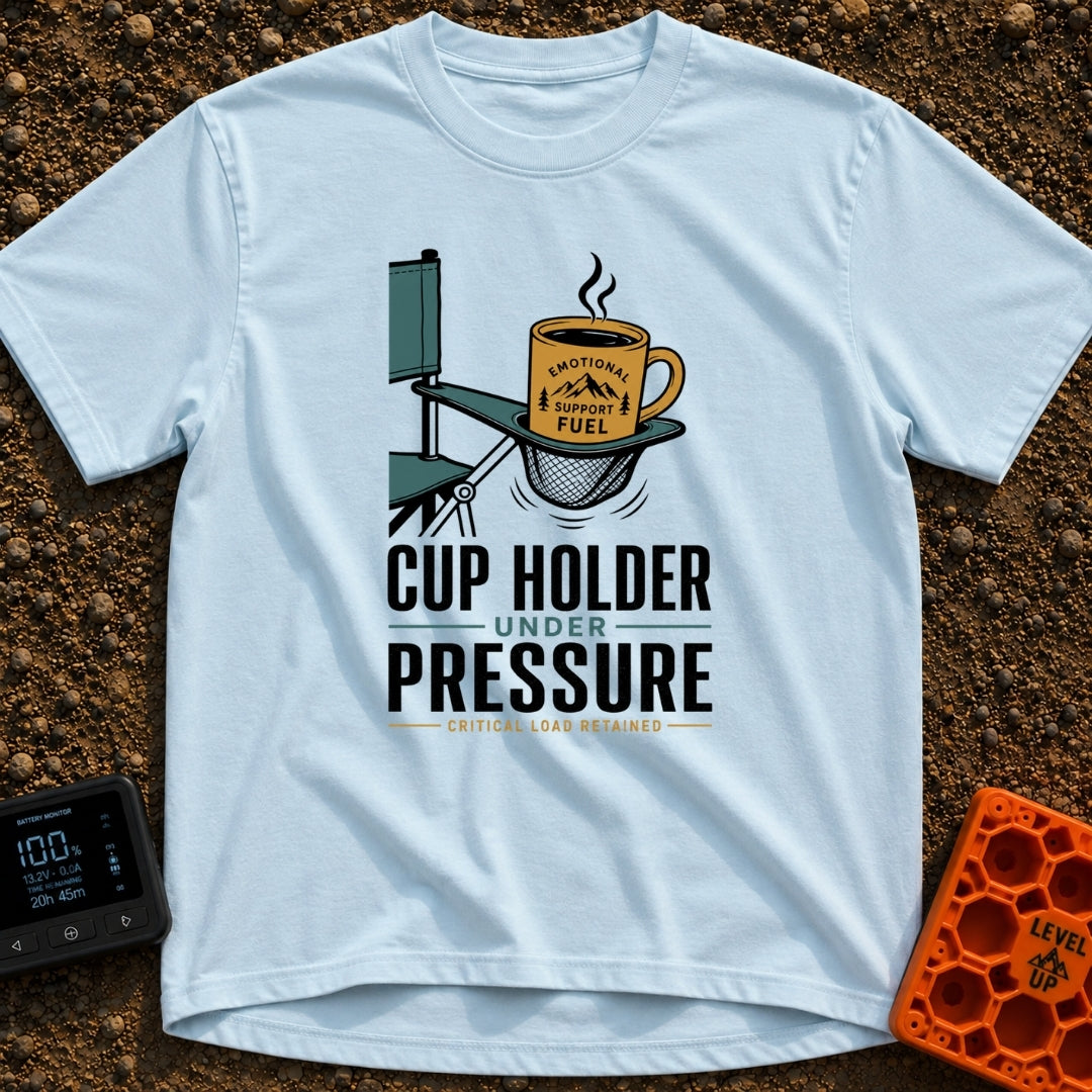 Cup Under Pressure - T-Shirt in Chambray - An illustration of a folding camp chair armrest with its mesh cup holder...