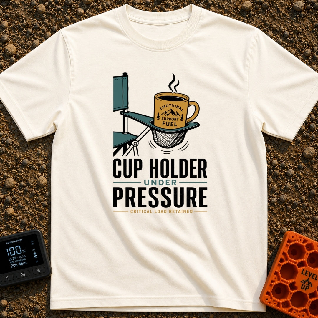 Cup Under Pressure - T-Shirt in Ivory - An illustration of a folding camp chair armrest with its mesh cup holder bulging...