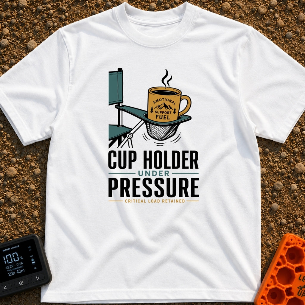 Cup Under Pressure - T-Shirt in White - An illustration of a folding camp chair armrest with its mesh cup holder bulging...