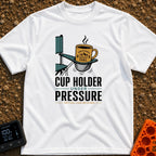 Cup Under Pressure - T-Shirt in White - An illustration of a folding camp chair armrest with its mesh cup holder bulging...