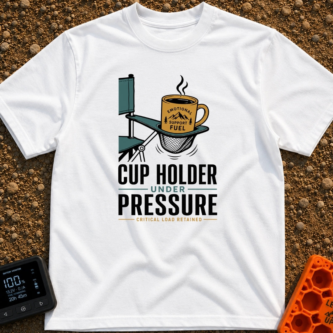 Cup Under Pressure - T-Shirt in White - An illustration of a folding camp chair armrest with its mesh cup holder bulging...