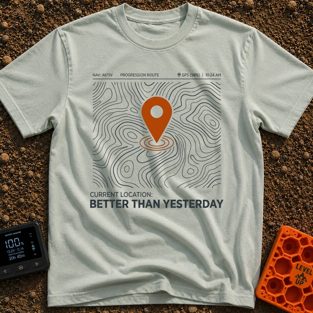 Today Beats Yesterday - T-Shirt in Bay - A graphic of a digital map interface showing topographic contour lines with a...
