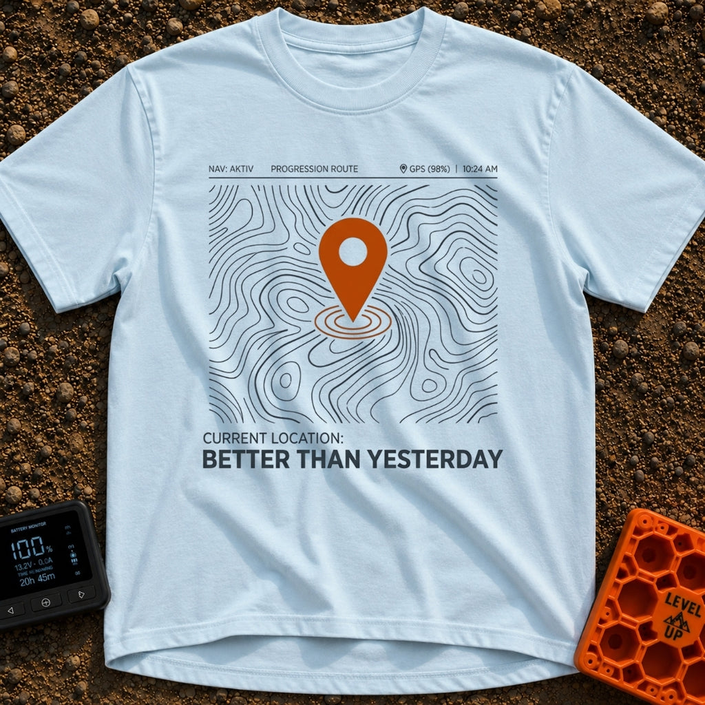 Today Beats Yesterday - T-Shirt in Chambray - A graphic of a digital map interface showing topographic contour lines with...