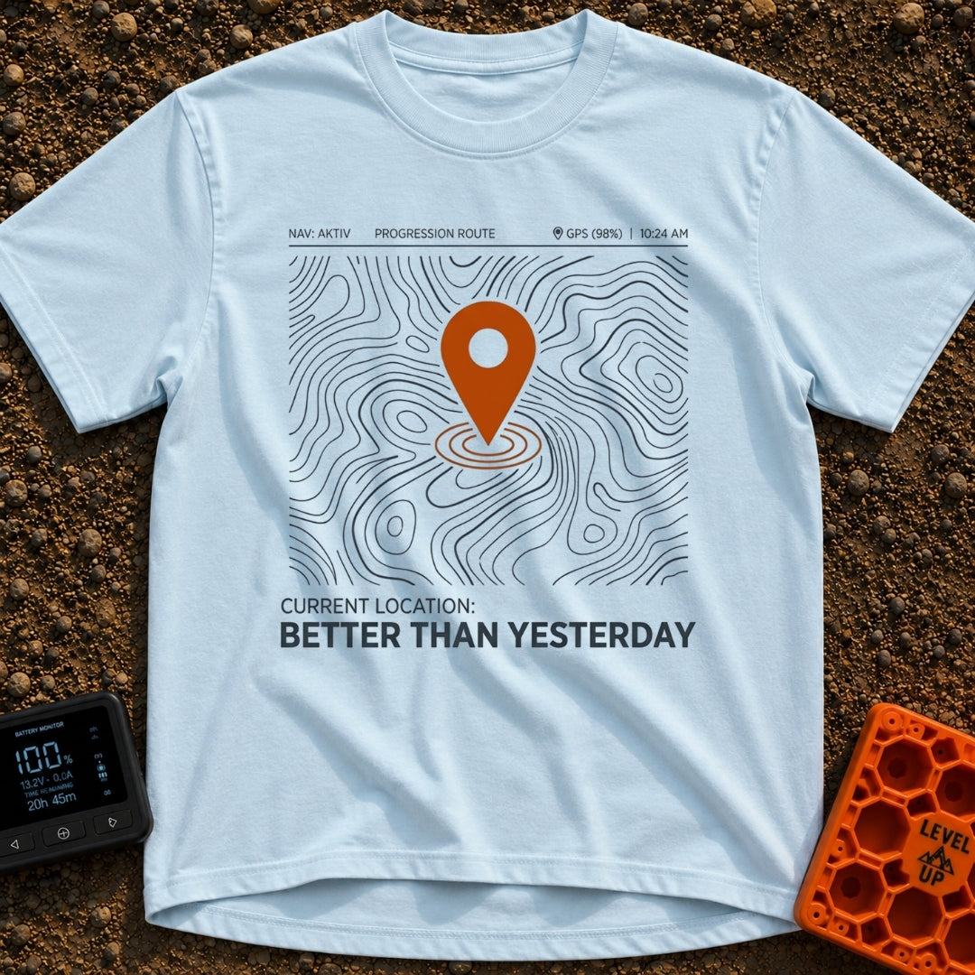 Today Beats Yesterday - T-Shirt in Chambray - A graphic of a digital map interface showing topographic contour lines with...