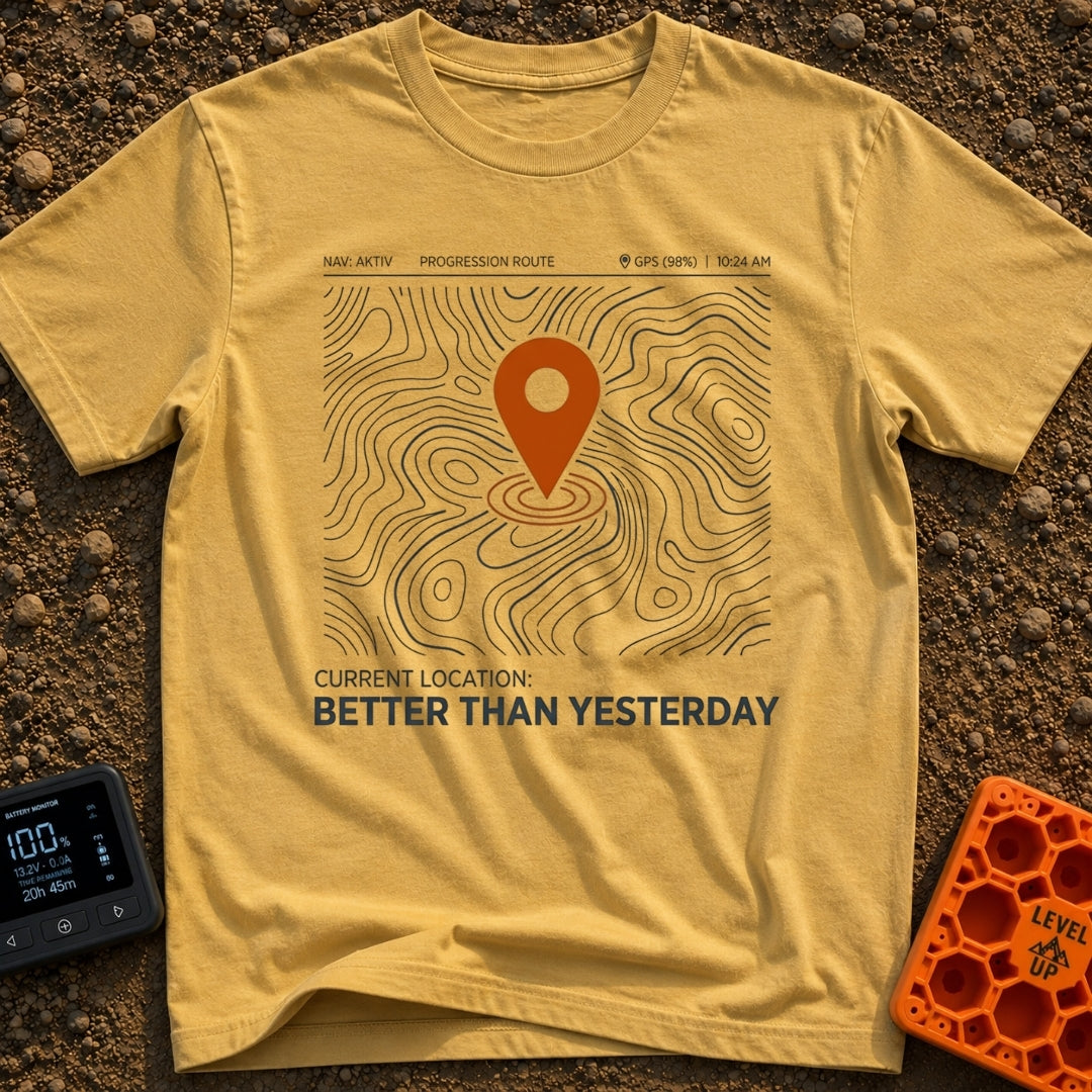Today Beats Yesterday - T-Shirt in Mustard - A graphic of a digital map interface showing topographic contour lines with...