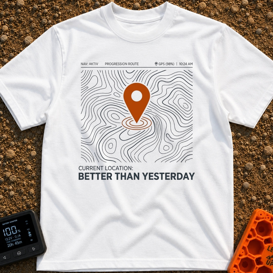 Today Beats Yesterday - T-Shirt in White - A graphic of a digital map interface showing topographic contour lines with a...
