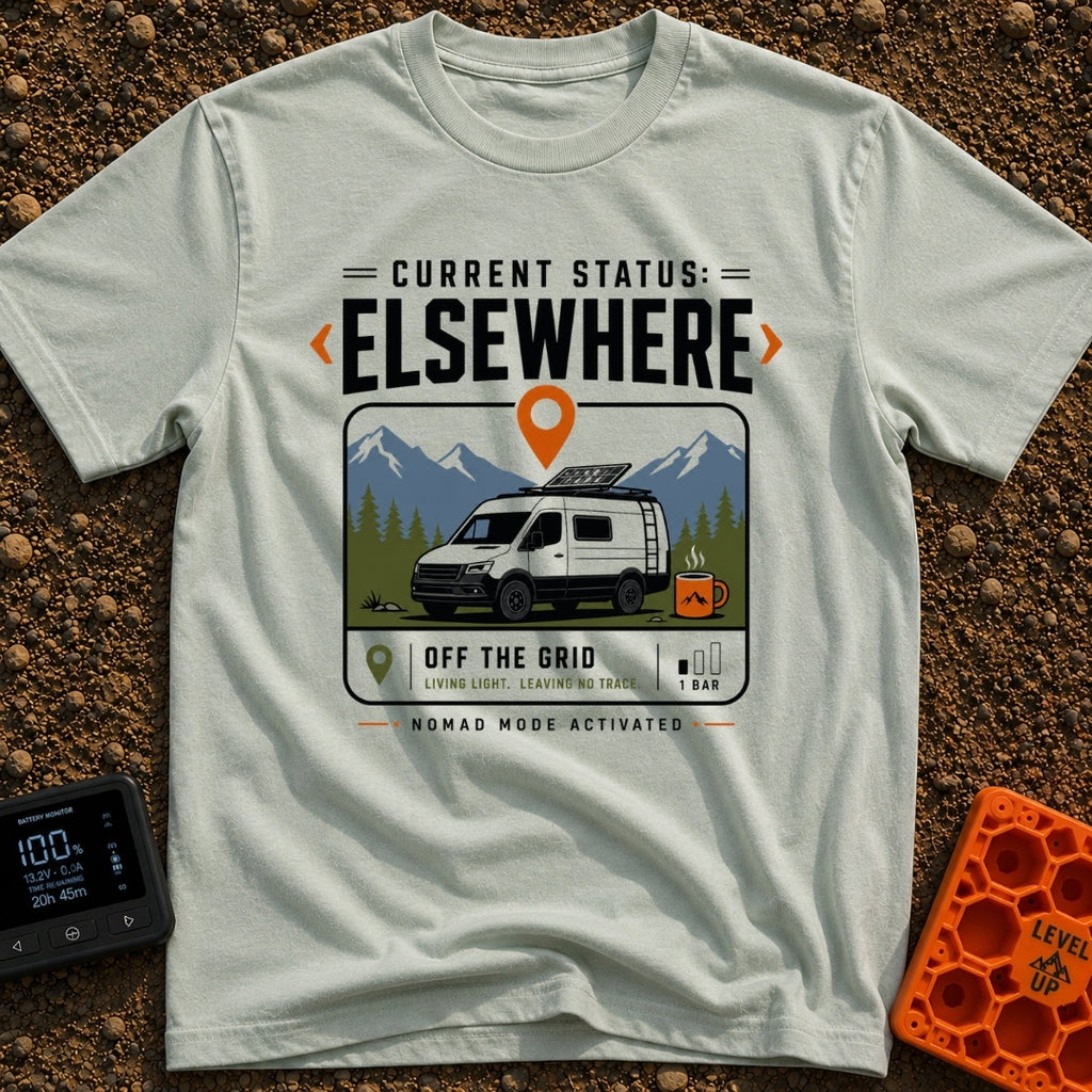 Current Status Offline - T-Shirt in Bay - A white camper van with a roof-mounted solar panel is parked in front of...