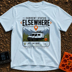 Current Status Offline - T-Shirt in Chambray - A white camper van with a roof-mounted solar panel is parked in front of...