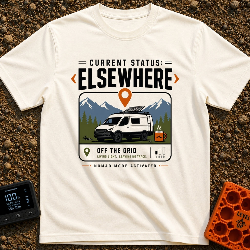 Current Status Offline - T-Shirt in Ivory - A white camper van with a roof-mounted solar panel is parked in front of...