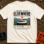 Current Status Offline - T-Shirt in Ivory - A white camper van with a roof-mounted solar panel is parked in front of...