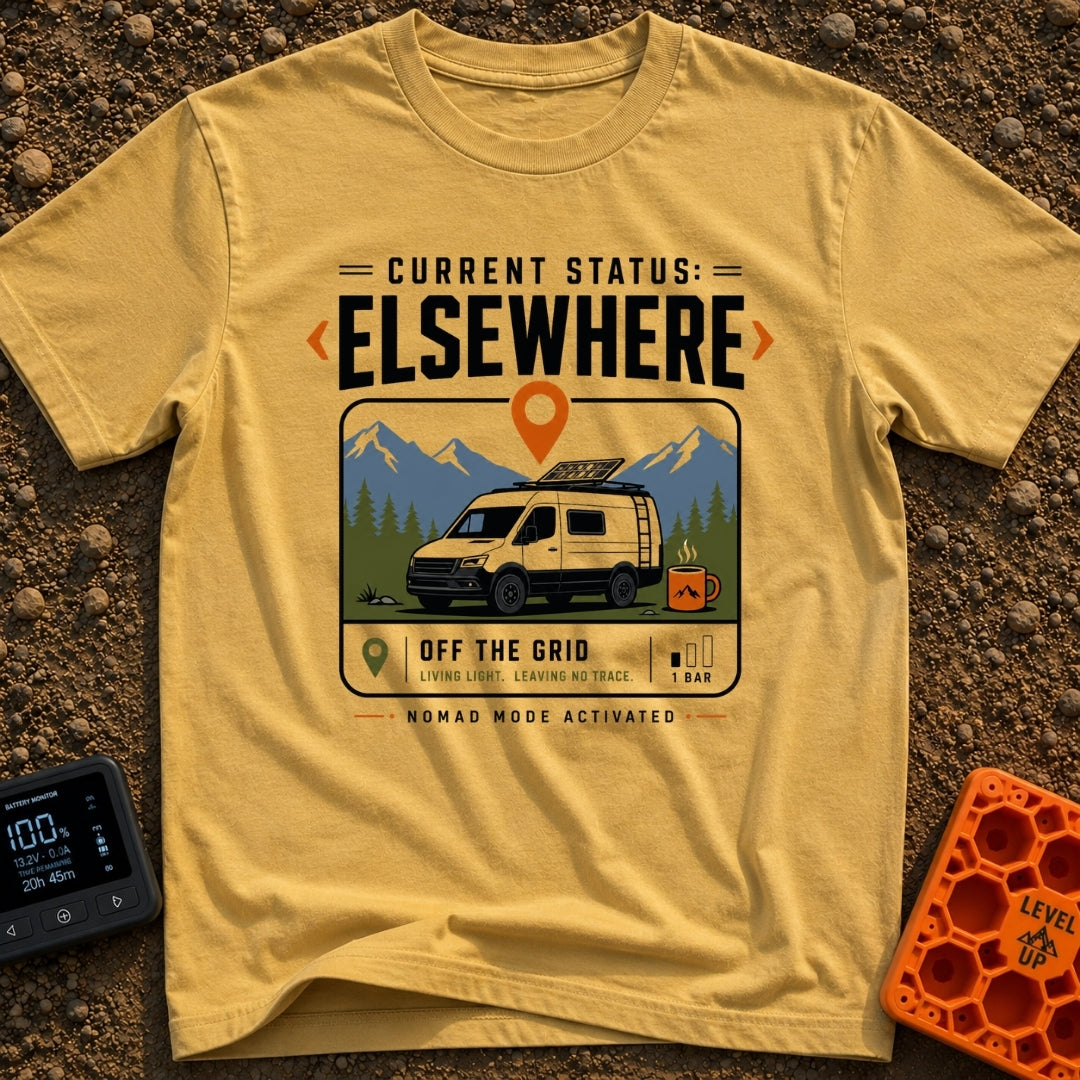 Current Status Offline - T-Shirt in Mustard - A white camper van with a roof-mounted solar panel is parked in front of...