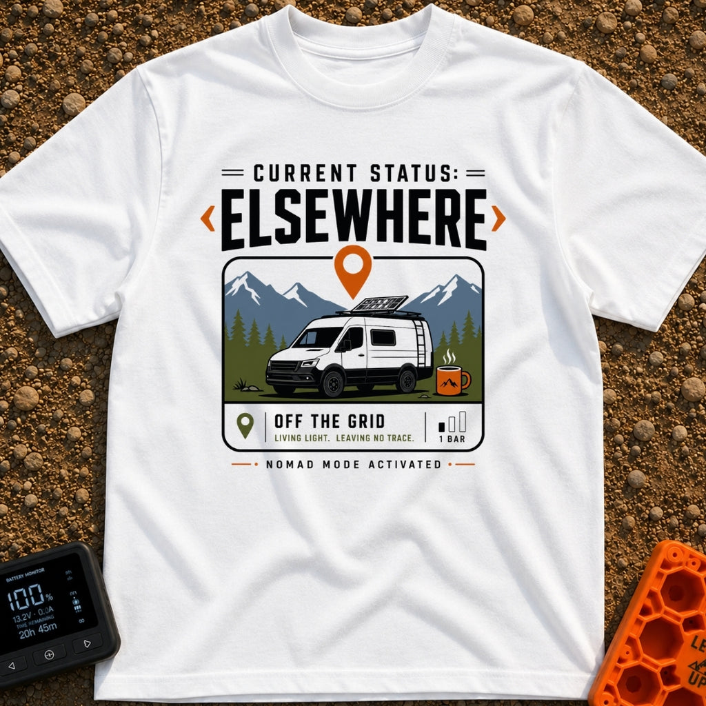 Current Status Offline - T-Shirt in White - A white camper van with a roof-mounted solar panel is parked in front of...