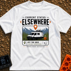 Current Status Offline - T-Shirt in White - A white camper van with a roof-mounted solar panel is parked in front of...